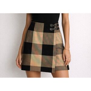 VTG Dark Academia Wrap Waist Skirt Casual Corner Women 10 Tan/Black Check Mod